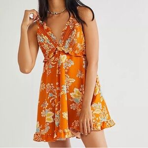 FREE PEOPLE | CORDUROY LOOKING GLASS MINI DRESS | ORANGE RUST FLORAL SZ SMALL
